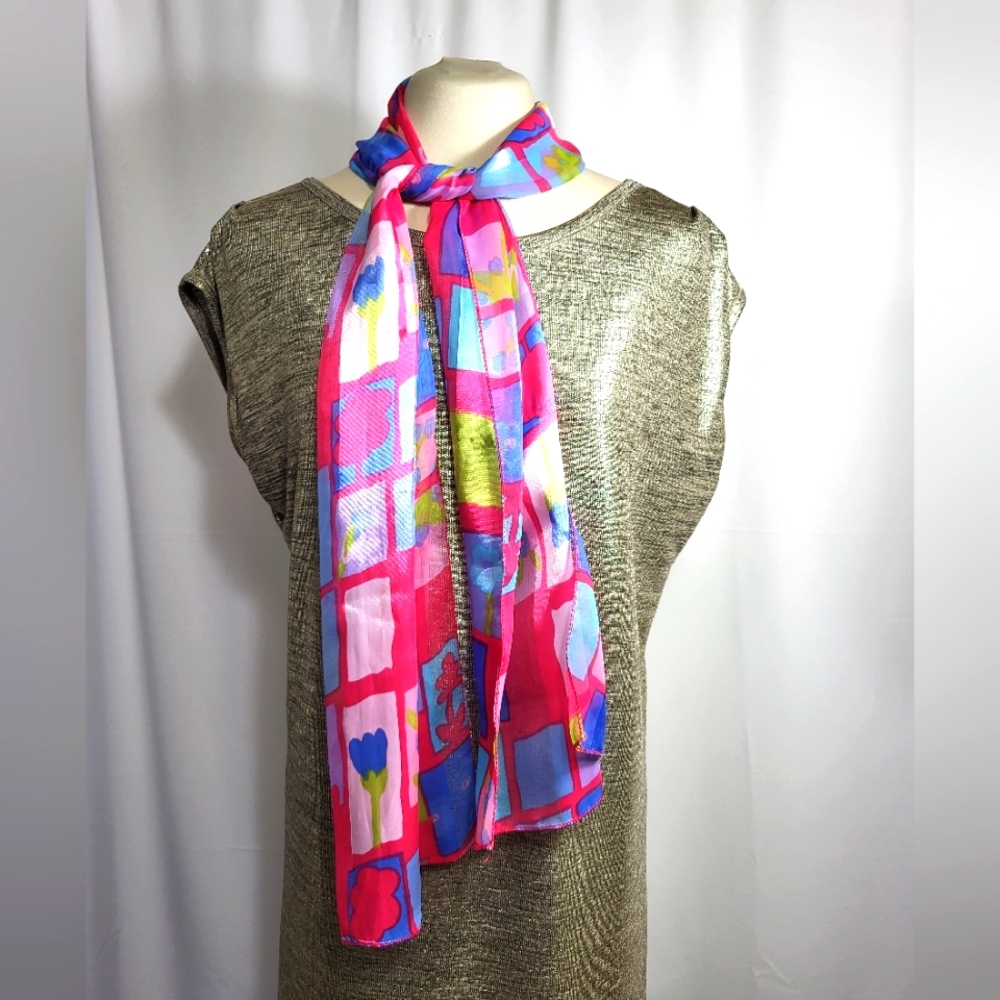 60" Scarf  silky pink blue and gold   Women's OS  #817